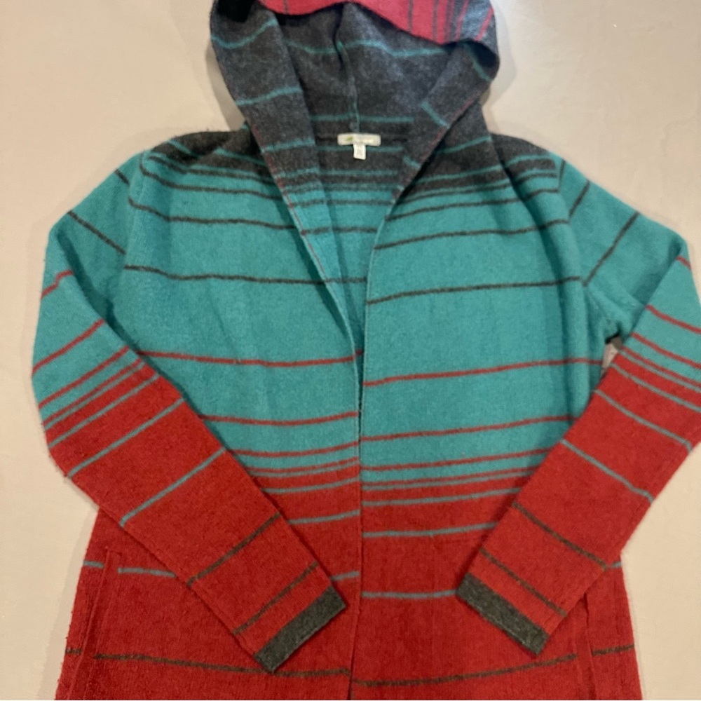 Horny Toad Women Open Cardigan Sweater Hooded Boiled Wool Western Striped Medium